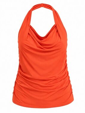 Orange Halter Cowl Neck Ruched Tank Top  Fits Like 1X Stretch Summer Blouse